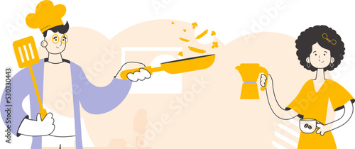 Cafe or restaurant workers. Chef and barista. Trendy linear style. Vector illustration.