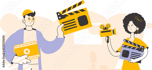 Guy and girl video bloggers. Linear style. Vector.