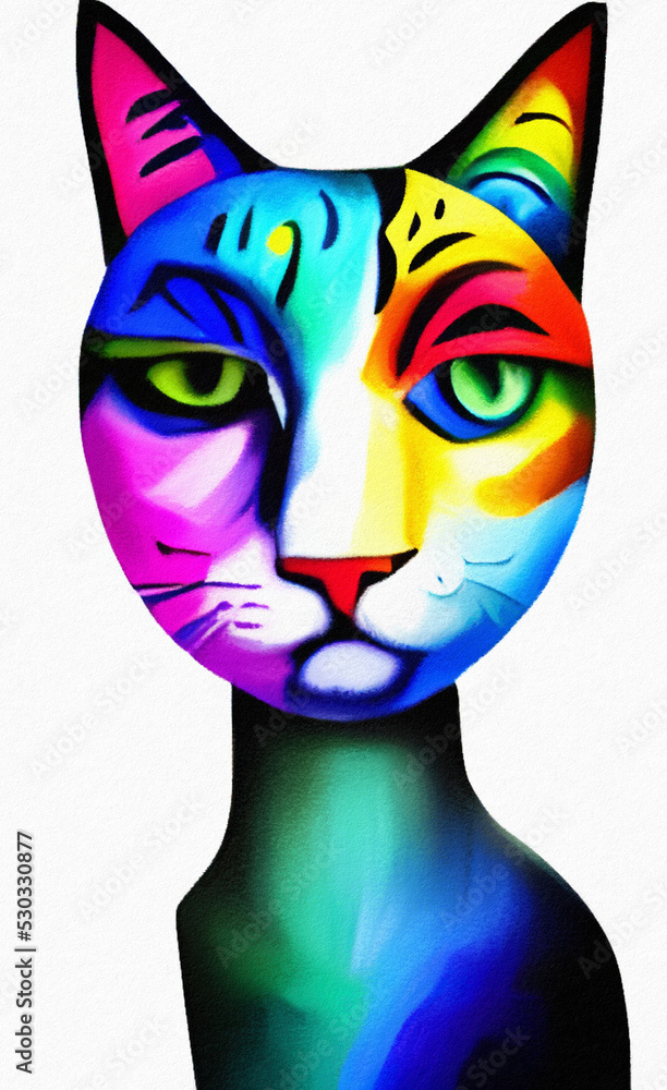 Colorful multicolored cat portrait illustration isolated on white background. Hand drawn watercolor and oil kitten face, canvas print, poster, shirt template. Little abstract creative design