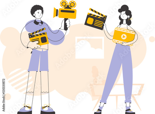 Guy and girl video bloggers. Trendy linear style. Vector.