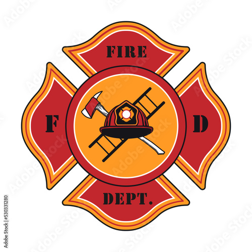 Firefighter patch. Badges with axes, hydrant, red heraldry. Vector for firemen