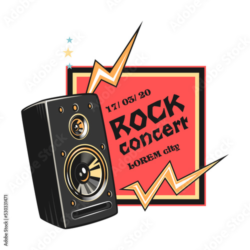 Emblem. Badge with guitars, microphone, subwoofer speakers and text. Vector illustration for festival poster, rock and roll band label