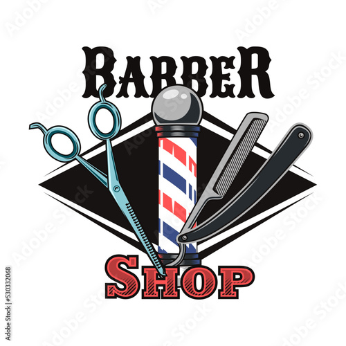 Barbershop label. Barber emblem with beard and trendy male haircut, scissors, brush, text samples. Vector illustrations collection for hairdresser, barber equipment concept