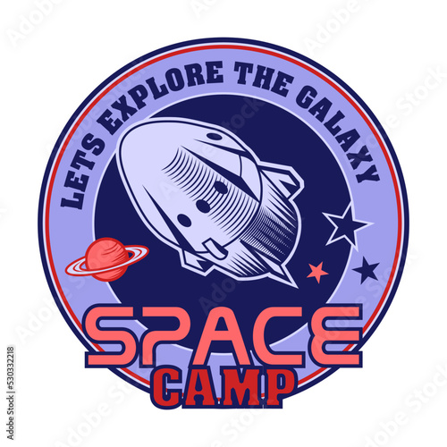Space badge. Stamps with astronaut, spacesuit helmet, alien, starting rocket, UFO in red and violet colors. Vector illustrations for space exploration