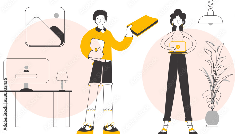 Man and woman teachers. Online learning concept. Linear style. Vector illustration.
