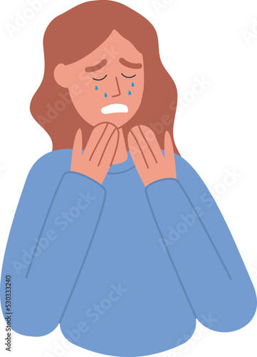 A sad crying person with falling tears on the face. Unhappy depressed face expression. Screaming, feeling pain. Body language, nonverbal communication, negative emotion. Vector illustration isolated