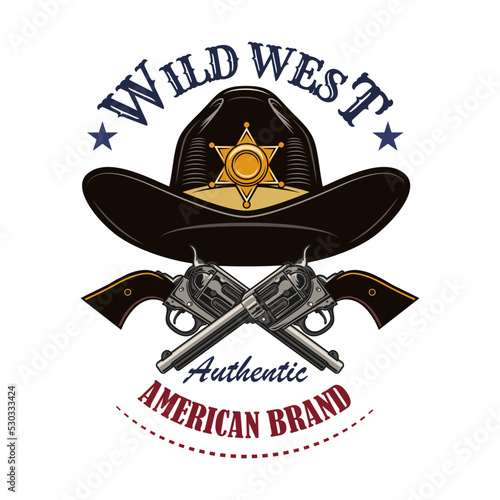 Wild west flat sign. Colorful saloon or rodeo emblems and labels with cowboy skulls, guns and boots vector illustration. Wanted placard and sheriff department