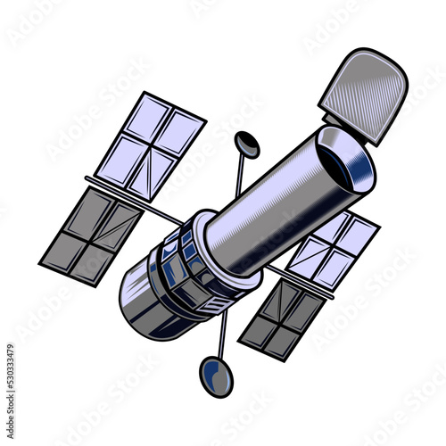 Space flat illustration. Comic elements of astronaut, space shuttle isolated vector illustration. Logo design