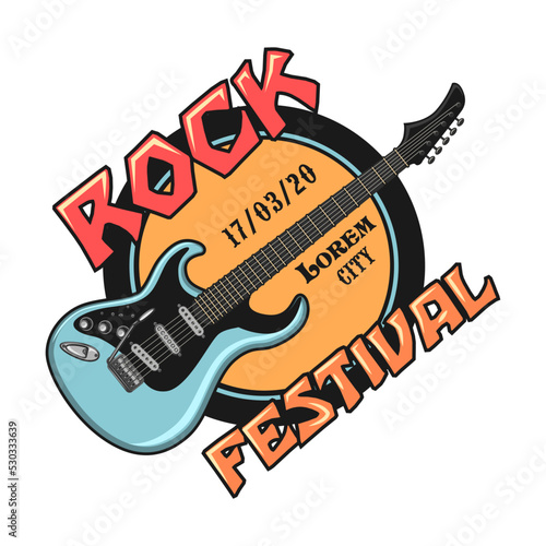 Emblem. Badge with skulls, guitars, microphone, subwoofer speakers and text. Vector illustration for festival poster, rock and roll band label templates