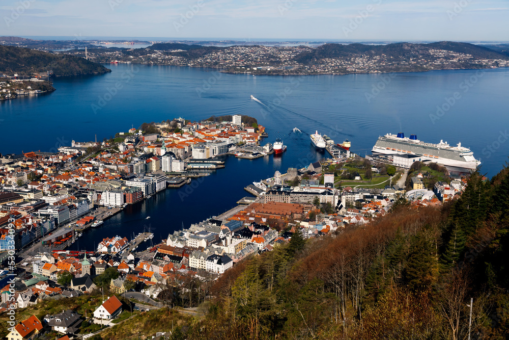 View of Bergan harbor cruise ship terminal Norway