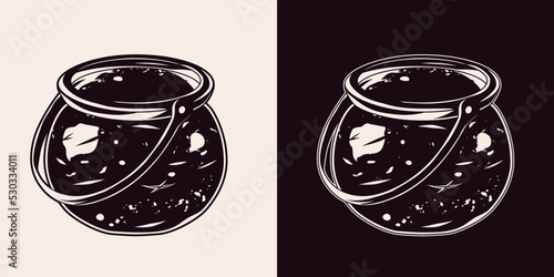 Witch cauldron in vintage style. Old cast iron scratched pot. Traditional halloween design element on black, white background. Vector monochrome detailed illustration