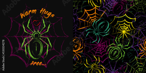 Set of halloween pattern and emblem with spider, spiderweb, text Warm hugs in sketch style. Grunge uneven paint brush strokes, smears. Design elements for Halloween decoration, t-shirt design.