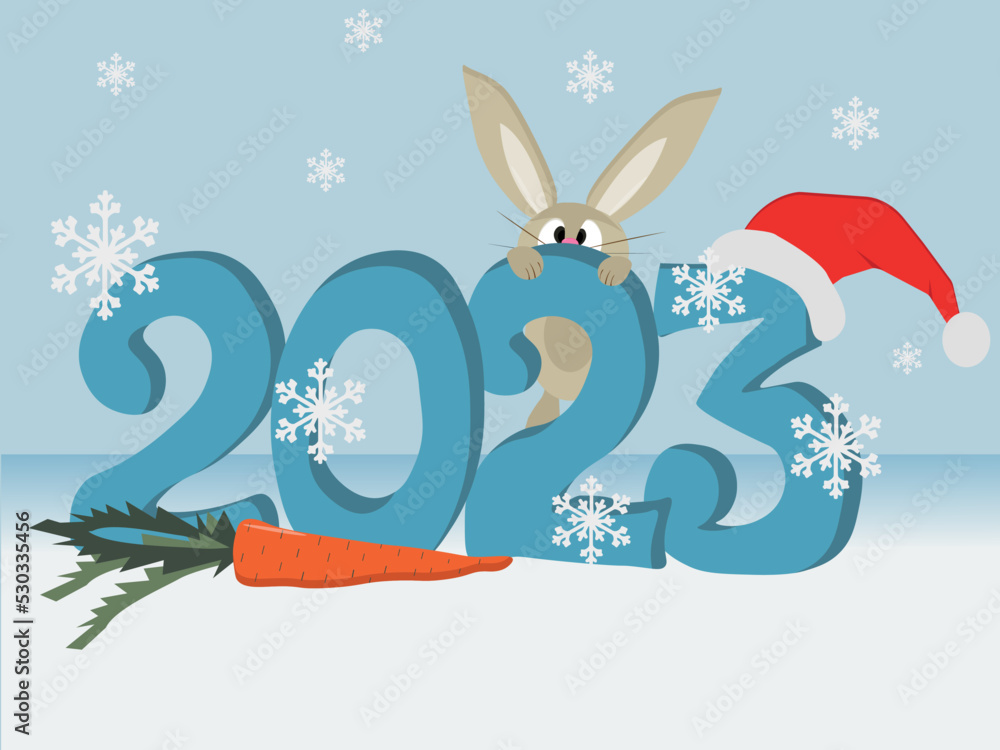 Obraz premium Vector image of 2023 with cute bunny and snowflakes.