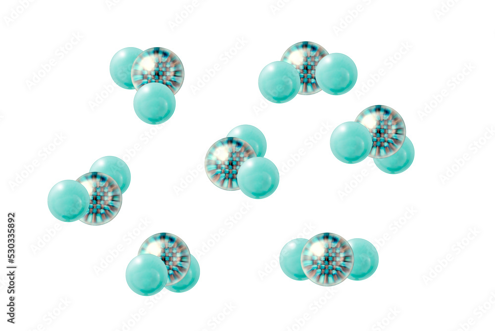 Molecules of three atoms like water or carbon dioxide from different views, concept of chemistry, spherical model Molecules of three atoms like water or carbon dioxide from different views, concept of chemistry, spherical model