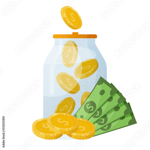 Gold coins in a transparent bottle. Accumulation and savings of money in the bank. flat vector illustration