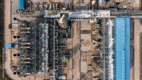 Aerial view chemical plant process area petroleum petorchemical product, Chemical industry plant in refinery with pipes and machine, Petrochemical industrial plant.