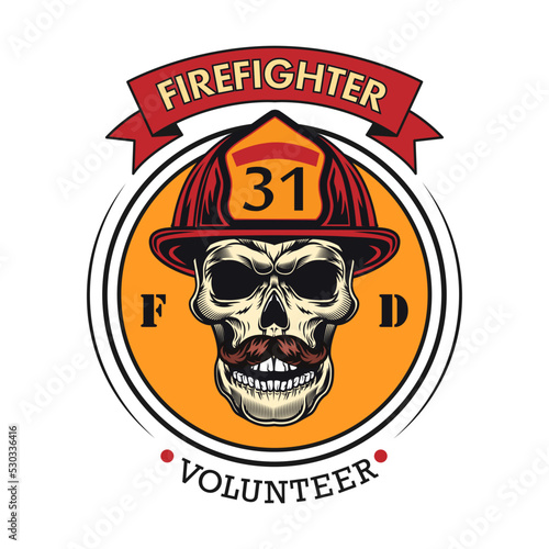 Firefighter patch. Badges with skull in helmet, axes, hydrant, red heraldry with ribbons. Vector fire department