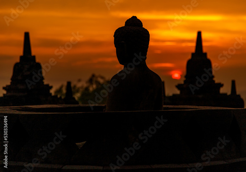 Silhouette at sunrise Borobudur religious temple Java Indonesia
