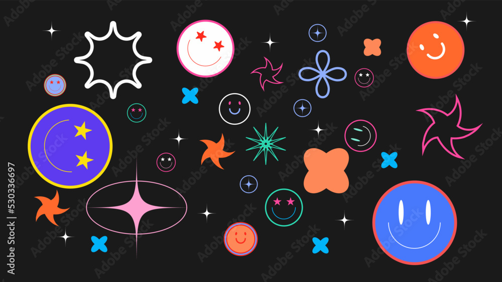 Set of various funny stickers, patches, pins. Collection of icons - mushroom, butterfly, flowers, flame. Hand drawn trendy Vector illustration. Cartoon style. All elements are isolated. Vector