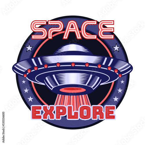 Space badge. Stamps with UFO in red and violet colors. Vector illustrations for space