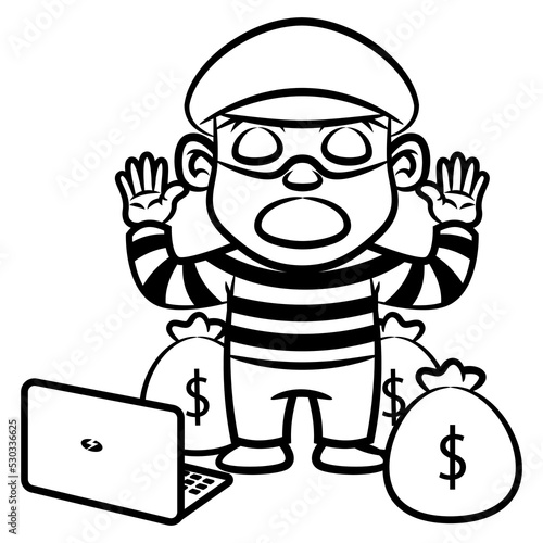 A Thief shocked while stolen a bag of money and laptop, and put hands up in the air because get busted by officer, best for sticker, mascot, and coloring book with cyber crime themes