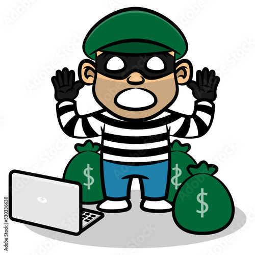 A Thief shocked while stolen a bag of money and laptop, and put hands up in the air because get busted by officer, best for sticker, logo, and mascot with cyber crime themes