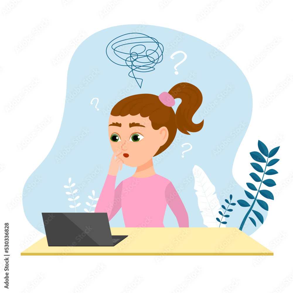 The girl sits at a desk with a computer and thinks about the difficulties encountered. Concept illustration, boy unhappy with school problems. Flat vector illustration The girl sits at a desk with a computer and thinks about the difficulties encountered. Concept illustration, boy unhappy with school problems. Flat vector illustration