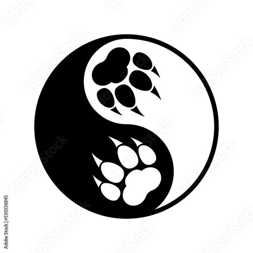 Two black and white paw prints with claws and yin yang symbol. Vector logo. Isolated illustration on white background.