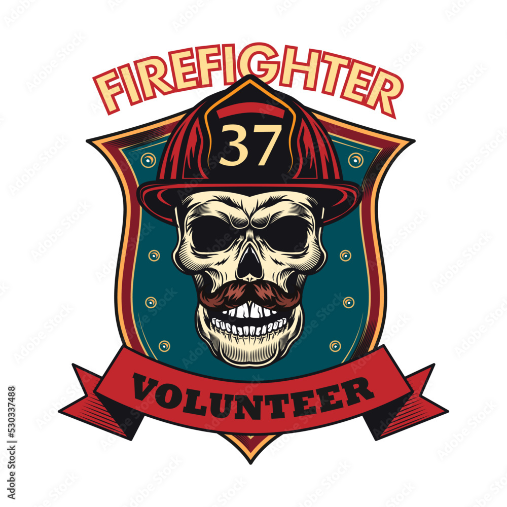 Firefighter patch. Badges with skulls in helmets, axes, hydrant, red heraldry with ribbons. Colored vector illustration for firemen, fire department, rescue concept