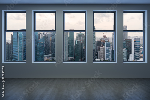 Downtown Singapore City Skyline Buildings from High Rise Window. Beautiful Expensive Real Estate overlooking. Empty room Interior Skyscrapers View. Sunset. 3d rendering.