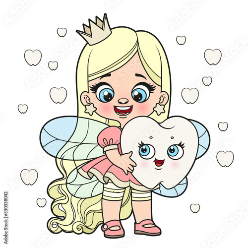 Cute cartoon long haired girl tooth fairy with big tooth color variation for coloring page on white background