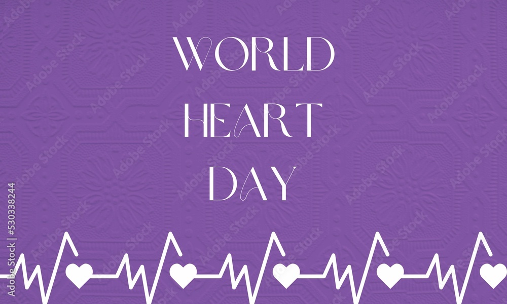 World heart day 2022 written with white colour on purple and violet textured self pattern background with heart beat and pulse on it