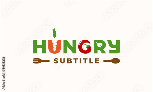 illustration vector graphic logo design. logotype, typography logo HUNGRY with combination carrot, chili, and leaf