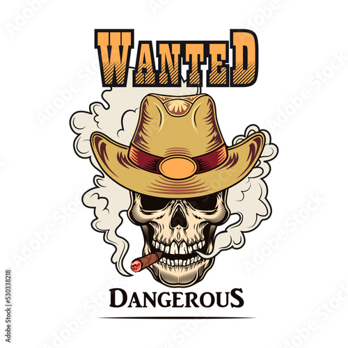 Wild west flat sign. Colorful saloon or rodeo emblems and labels with cowboy skulls, guns and boots vector illustration. Wanted placard and sheriff department design concept