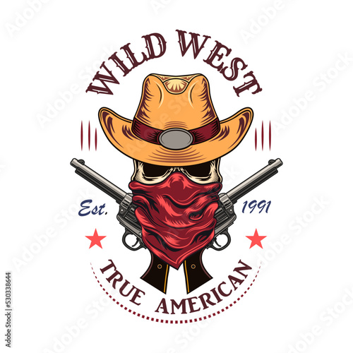 Wild west flat sign. Colorful saloon or rodeo emblems and labels with cowboy skulls, guns and boots vector illustration. Wanted placard
