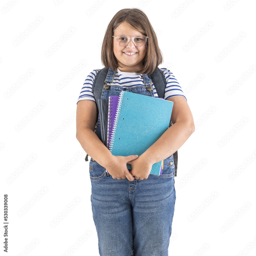 Modest good female student wears glasses and holds her study materials in hands, smiling Modest good female student wears glasses and holds her study materials in hands, smiling