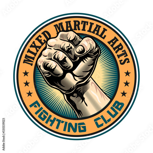 Fight club with fist label. Boxing and fighting club emblem with arm isolated vector illustration. Kickboxing, sport, martial arts and design element