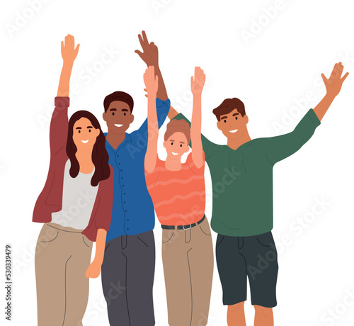A team of business people is celebrating.Success in work and cooperation with colleagues.Concept of unity and support among colleagues.
