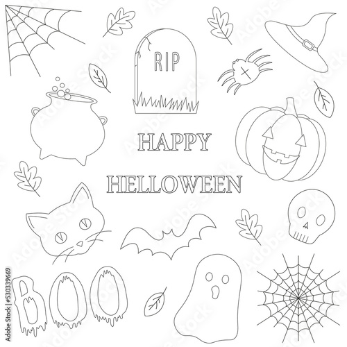 doodle
 HALLOWEEN
pumpkin
skeleton
cat
a witch
ghost
happy halloween
grave
spider
web
