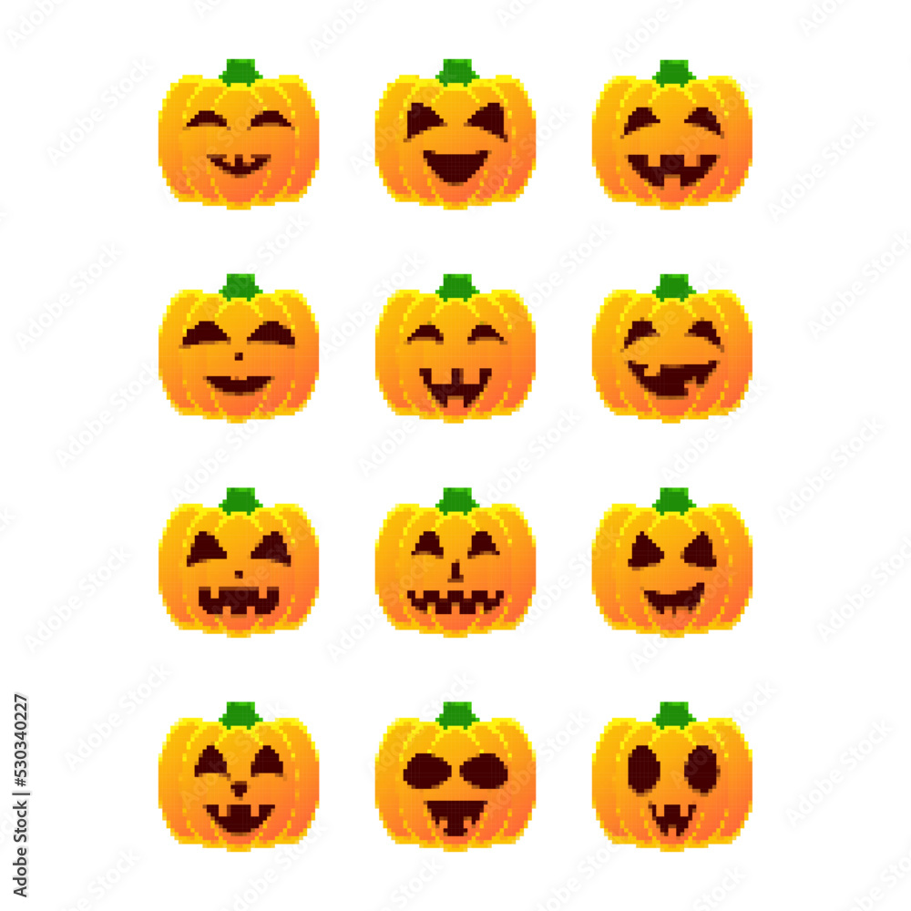 Pixel art halloween pumpkin icon set. 8 bit pumpkin in retro style. Halloween pumpkin lanterns isolated on white background. Template for banner, poster, party invitation. Vector illustration