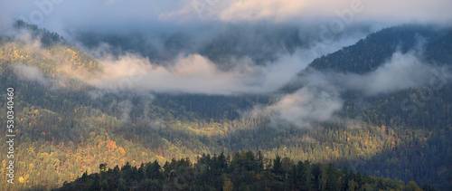 Dawn in the mountains, fog and clouds on the peaks, panoramic © Valerii