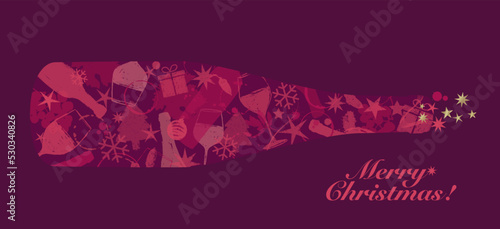 silhouette of bottle with background symbols of wine and Christmas