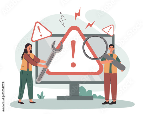 System error concept. Man with magnifying glass and woman with wrench near monitors box. Metaphor for technical work on website. Programmers or IT specialists. Cartoon flat vector illustration