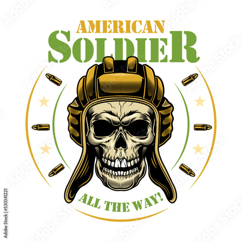 Army emblem. Military template with skulls in pilot helmets or soldier hats, air force eagle wings, text and ribbons. Vector illustrations isolated on black