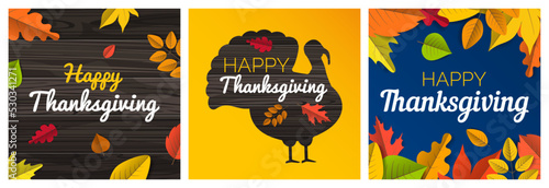 happy thanksgiving day greeting cards square banners set vector illustration