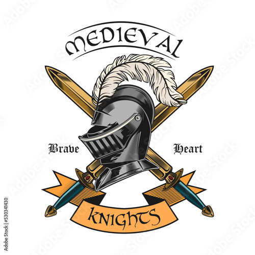 Medieval knight accessories. Swords, helmets, shields, axes illustrations isolated on beige background. For military, fight, or sport team label templates