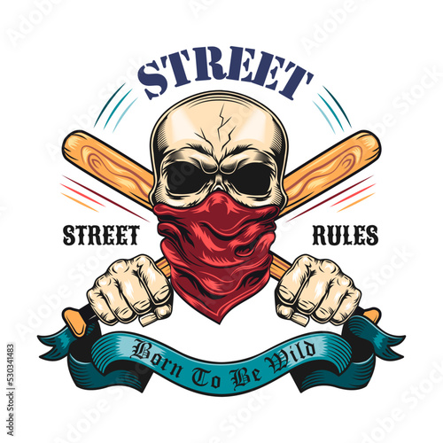 Gangsta tattoo emblem. Black monochrome labels or signs for street gangs with skulls, guns and fist vector illustration