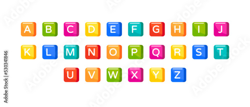 Alphabet letters, font for kids education in school or kindergarten. Bright colorful type with characters on play blocks. Square game buttons with typography symbols, vector cartoon set
