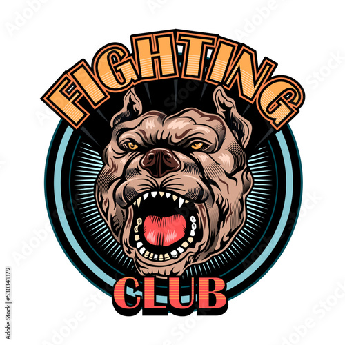 Fight club with fist label. Boxing and fighting club emblem with angry dog isolated vector illustration. Kickboxing, sport, martial arts and design element