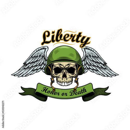 Army emblem. Military labels template with skulls in pilot helmets or soldier hats, air force eagle wings, text and ribbons. Colored vector illustrations isolated on black background